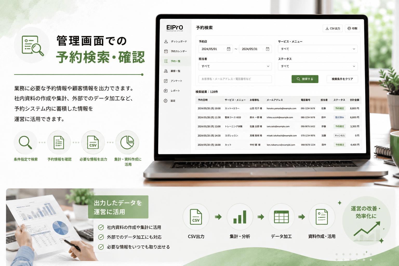 条件を指定して予約情報を検索する機能
