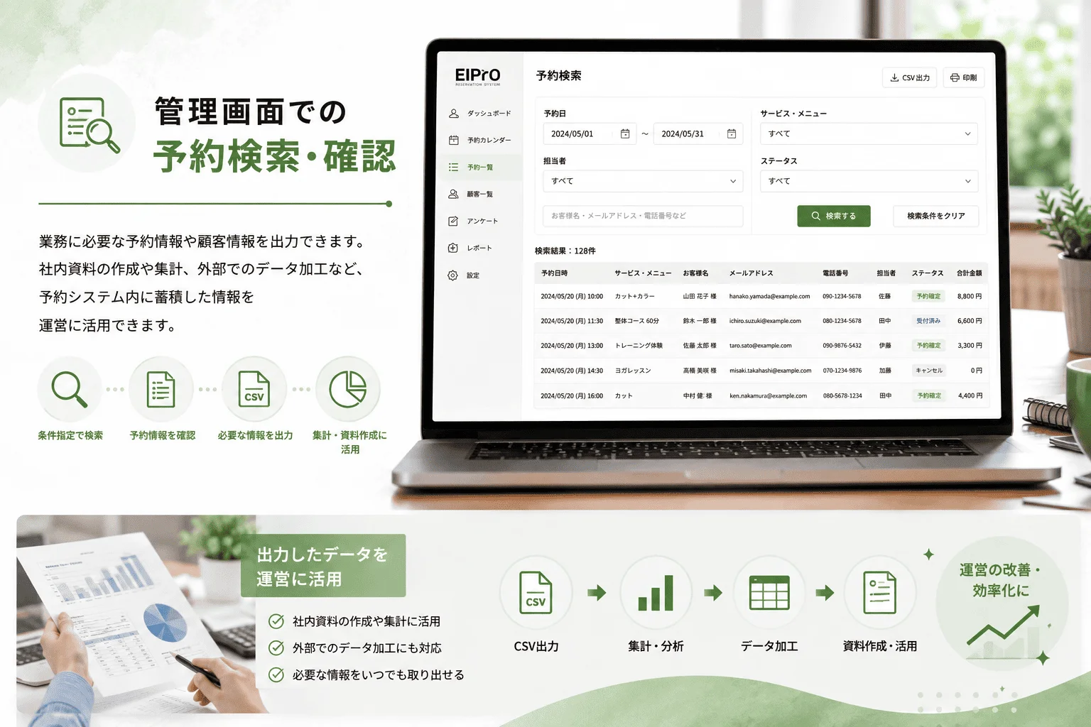 条件を指定して予約情報を検索する機能
